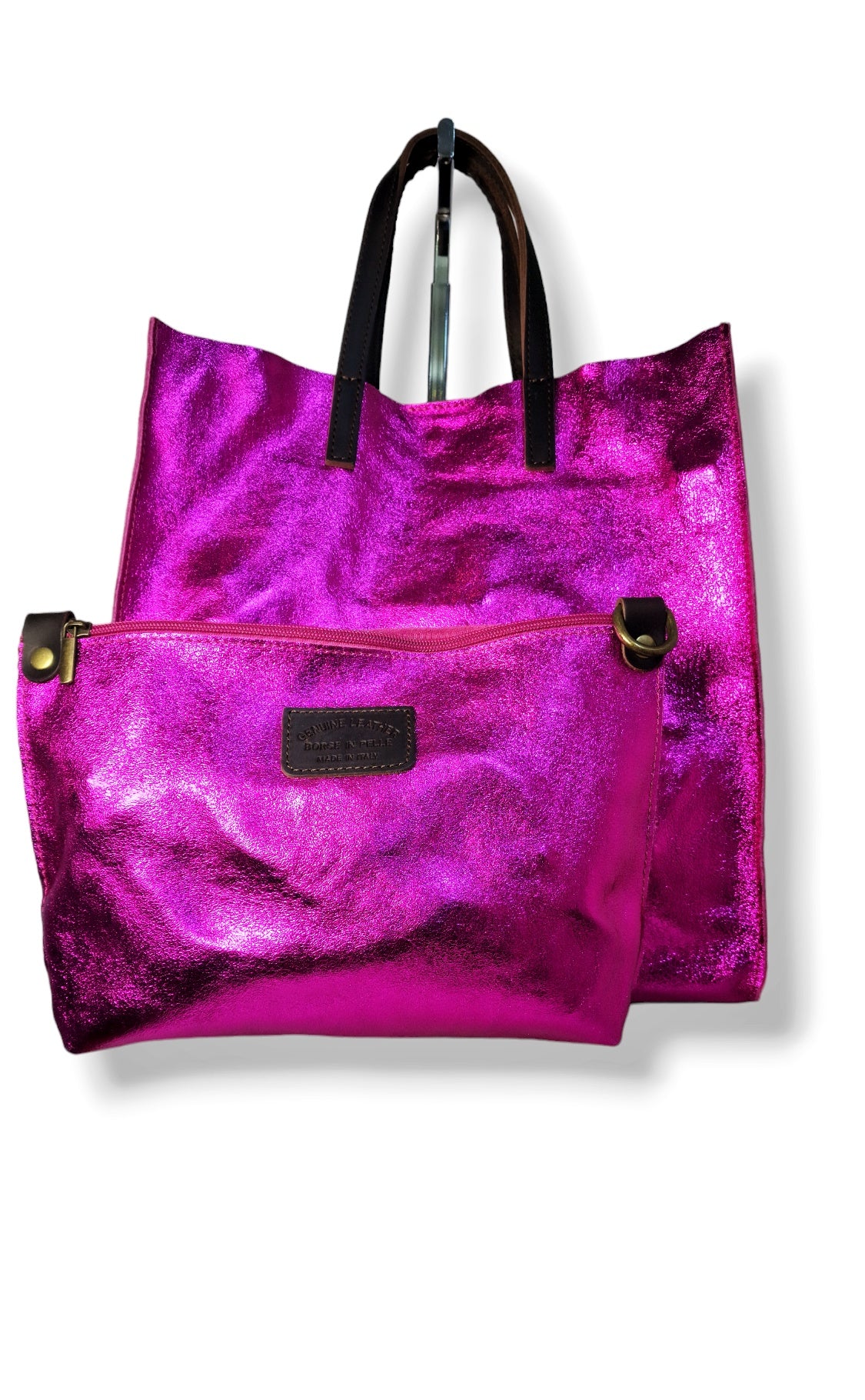 SHOPPINGBAG in vera pelle laminata fucsia