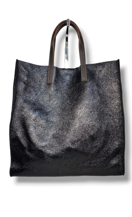 SHOPPING BAG in vera pelle laminata nera